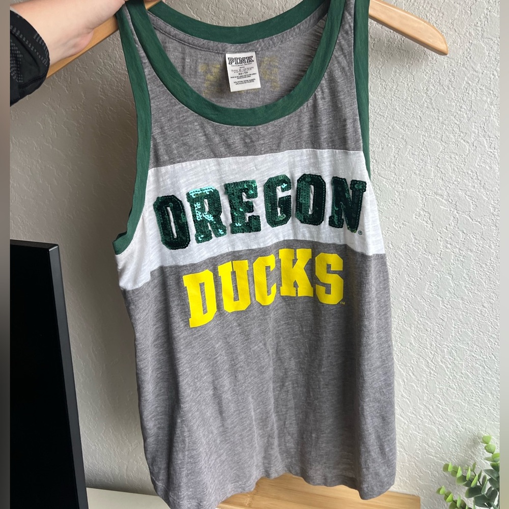 PINK Victoria's Secret Gray White Green Sequin 'OREGON DUCKS' Tank